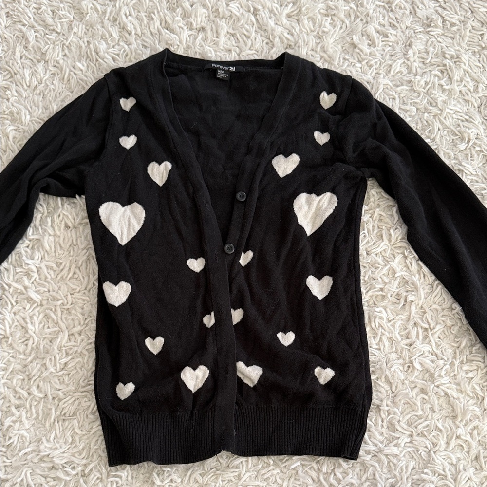 Forever 21 Black Cardigan with White Heart Pattern